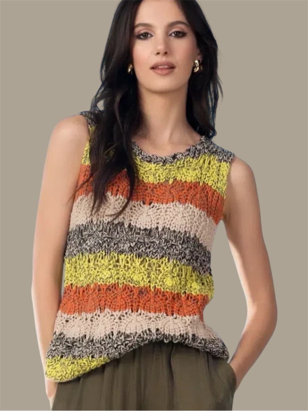 Alison Sheri Crochet Open Knit Striped Boho Sweater Vest S